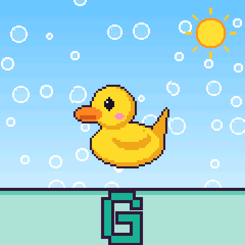 A rubber duck among bubbles, with a big letter G at the bottom