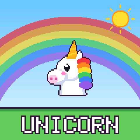 A unicorn under a rainbow, named at the bottom