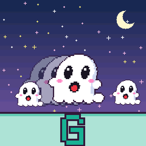 A night sky with a moon and three ghosts