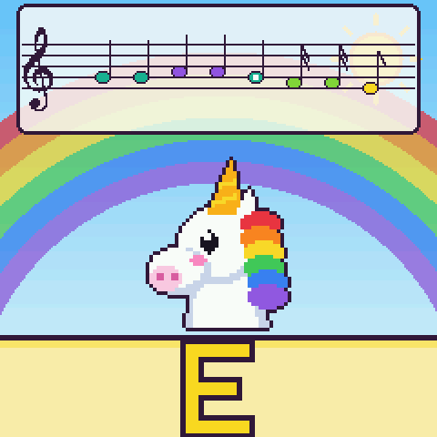 A unicorn under a rainbow, with a music staff above it: quarter notes, a half note and eighth notes, in color