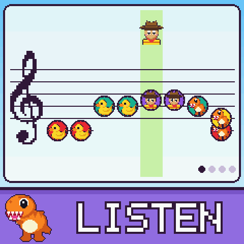 A big music staff with friends as notes, and a duck hopping along the top