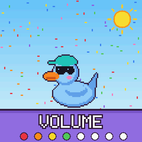 A duck in a cap and sunglasses, and the word VOLUME with four of eight dots lit